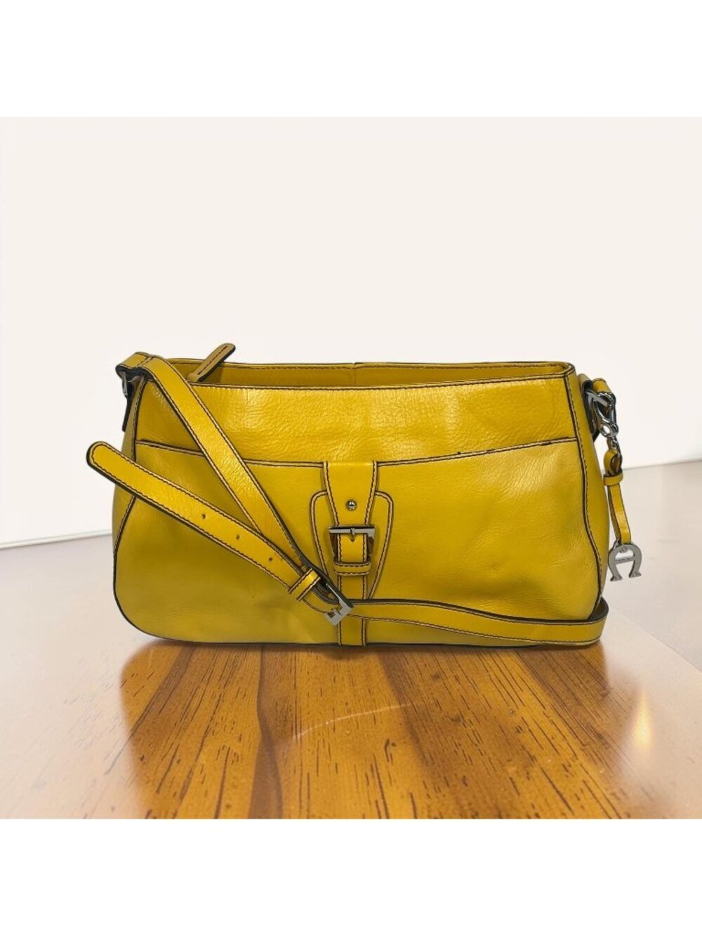 Etienne Aigner Yellow Leather Crossbody Bag With Buckle Accent Adjustable Strap